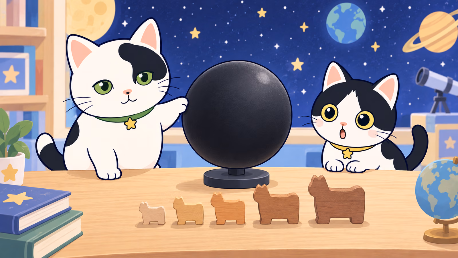 巨大ブラックホールの大きさをねこ型の積み木で想像するゆうとみい