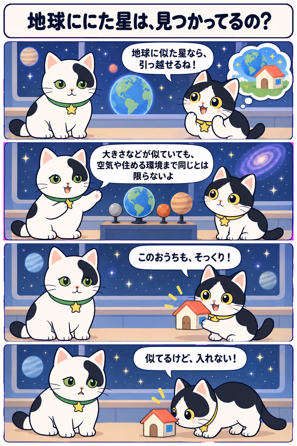 4コマ「地球ににた星は、見つかってるの？」。1コマ目みい「地球に似た星なら、引っ越せるね！」、2コマ目ゆう「大きさなどが似ていても、空気や住める環境まで同じとは限らないよ」、3コマ目みい「このおうちも、そっくり！」、4コマ目みい「似てるけど、入れない！」