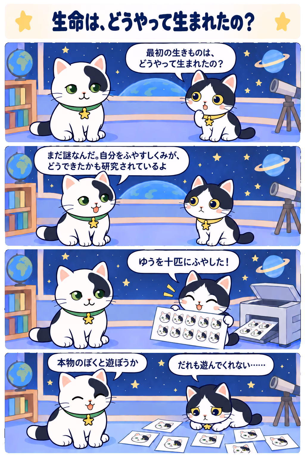 4コマ「生命は、どうやって生まれたの？」。1コマ目みい「最初の生きものは、どうやって生まれたの？」、2コマ目ゆう「まだ謎なんだ。自分をふやすしくみが、どうできたかも研究されているよ」、3コマ目みい「ゆうを十匹にふやした！」、4コマ目みい「だれも遊んでくれない……」、ゆう「本物のぼくと遊ぼうか」