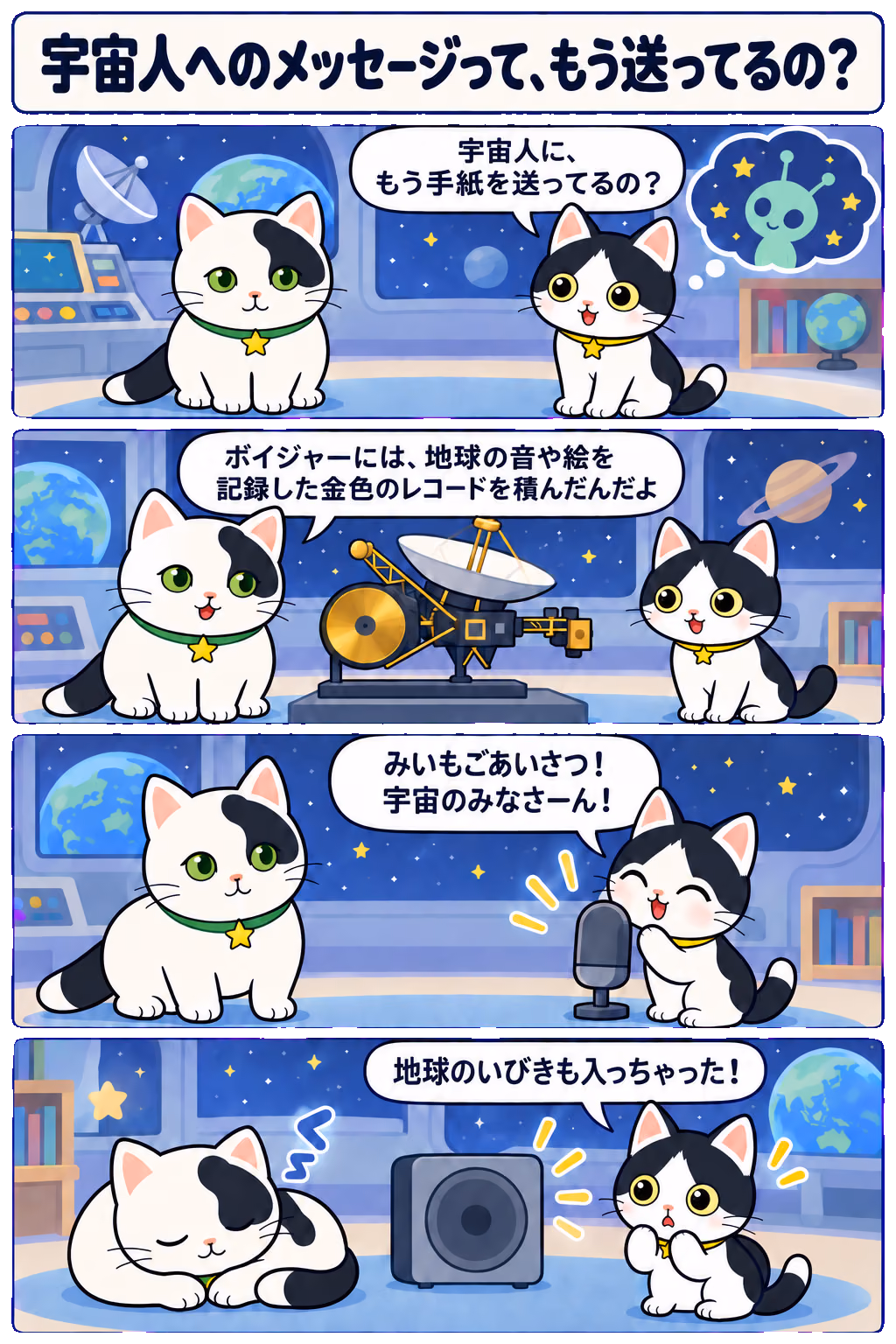 4コマ「宇宙人へのメッセージって、もう送ってるの？」。1コマ目みい「宇宙人に、もう手紙を送ってるの？」、2コマ目ゆう「ボイジャーには、地球の音や絵を記録した金色のレコードを積んだんだよ」、3コマ目みい「みいもごあいさつ！ 宇宙のみなさーん！」、4コマ目みい「地球のいびきも入っちゃった！」