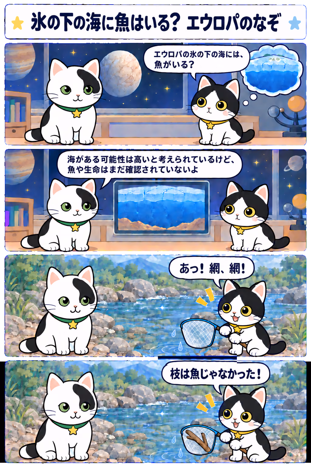 4コマ「氷の下の海に魚はいる？ エウロパのなぞ」。1コマ目みい「エウロパの氷の下の海には、魚がいる？」、2コマ目ゆう「海がある可能性は高いと考えられているけど、魚や生命はまだ確認されていないよ」、3コマ目みい「あっ！ 網、網！」、4コマ目みい「今日の発見！ 手袋は魚じゃなかった！」