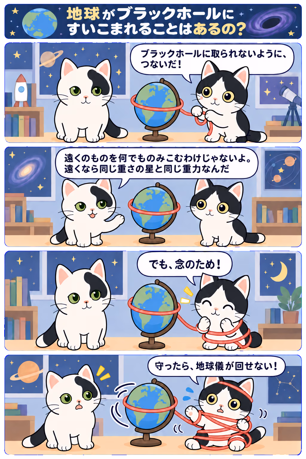 4コマ「地球がブラックホールにすいこまれることはあるの？」。1コマ目みい「ブラックホールに取られないように、つないだ！」、2コマ目ゆう「遠くのものを何でものみこむわけじゃないよ。遠くなら同じ重さの星と同じ重力なんだ」、3コマ目みい「でも、念のため！」、4コマ目みい「守ったら、地球儀が回せない！」
