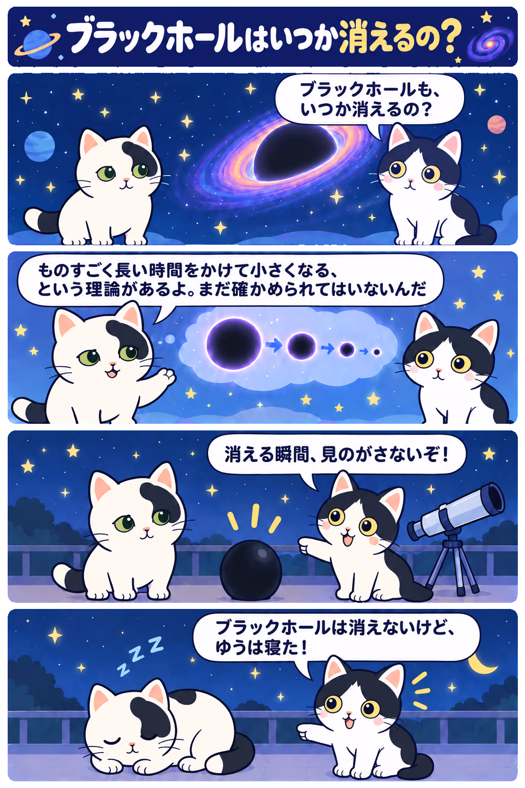 4コマ「ブラックホールはいつか消えるの？」。1コマ目みい「ブラックホールも、いつか消えるの？」、2コマ目ゆう「ものすごく長い時間をかけて小さくなる、という理論があるよ。まだ確かめられてはいないんだ」、3コマ目みい「消える瞬間、見のがさないぞ！」、4コマ目みい「先に閉じたの、ゆうの目だ！」