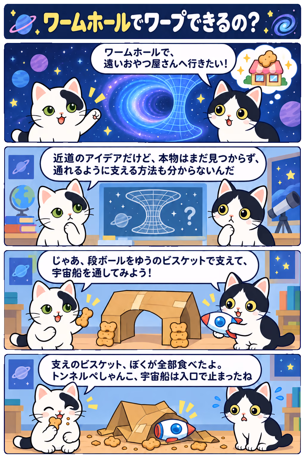 4コマ「ワームホールでワープできるの？」。1コマ目みい「ワームホールで、遠いおやつ屋さんへ行きたい！」、2コマ目ゆう「近道のアイデアだけど、本物はまだ見つからず、通れるように支える方法も分からないんだ」、3コマ目みい「じゃあ、段ボールをゆうのビスケットで支えて、宇宙船を通してみよう！」、4コマ目ゆう「支えのビスケット、ぼくが全部食べたよ。トンネルぺしゃんこ、宇宙船は入口で止まったね」