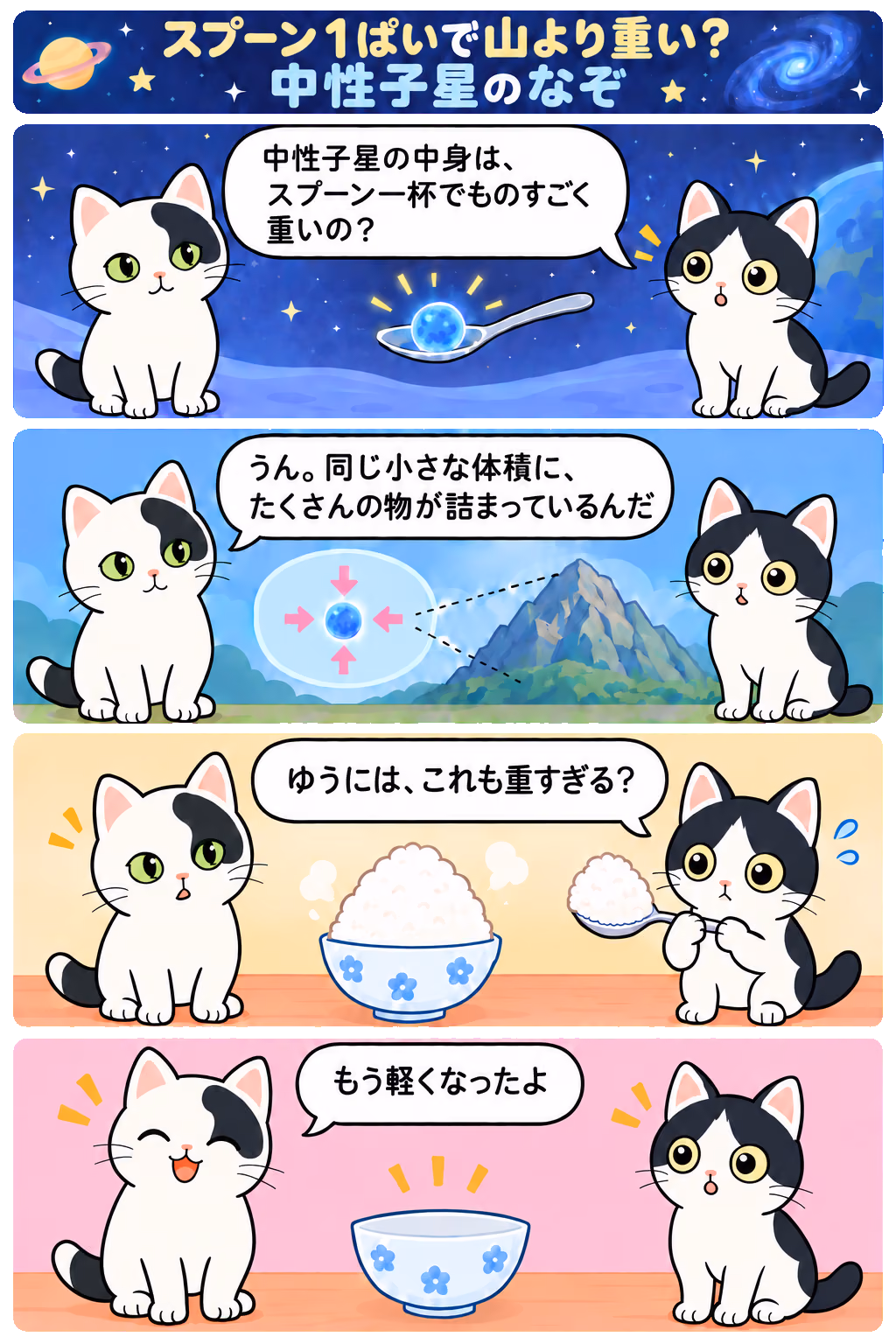4コマ「スプーン1ぱいで山より重い？ 中性子星のなぞ」。1コマ目みい「中性子星の中身は、スプーン一杯でもものすごく重いの？」、2コマ目ゆう「うん。同じ小さな体積に、たくさんの物が詰まっているんだ」、3コマ目みい「ゆうには、これも重すぎる？」、4コマ目ゆう「もう軽くなったよ」