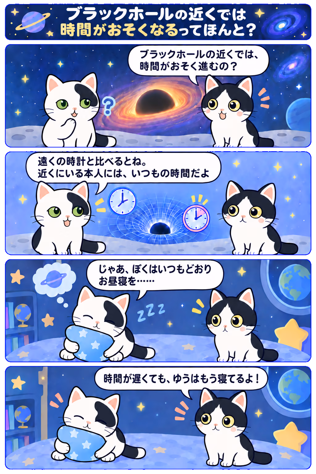 4コマ「ブラックホールの近くでは時間がおそくなるってほんと？」。1コマ目みい「ブラックホールの近くでは、時間がおそく進むの？」、2コマ目ゆう「遠くの時計と比べるとね。近くにいる本人には、いつもの時間だよ」、3コマ目ゆう「じゃあ、ぼくはいつもどおりお昼寝を……」、4コマ目みい「行かなくても、いつもどおりだよ！」
