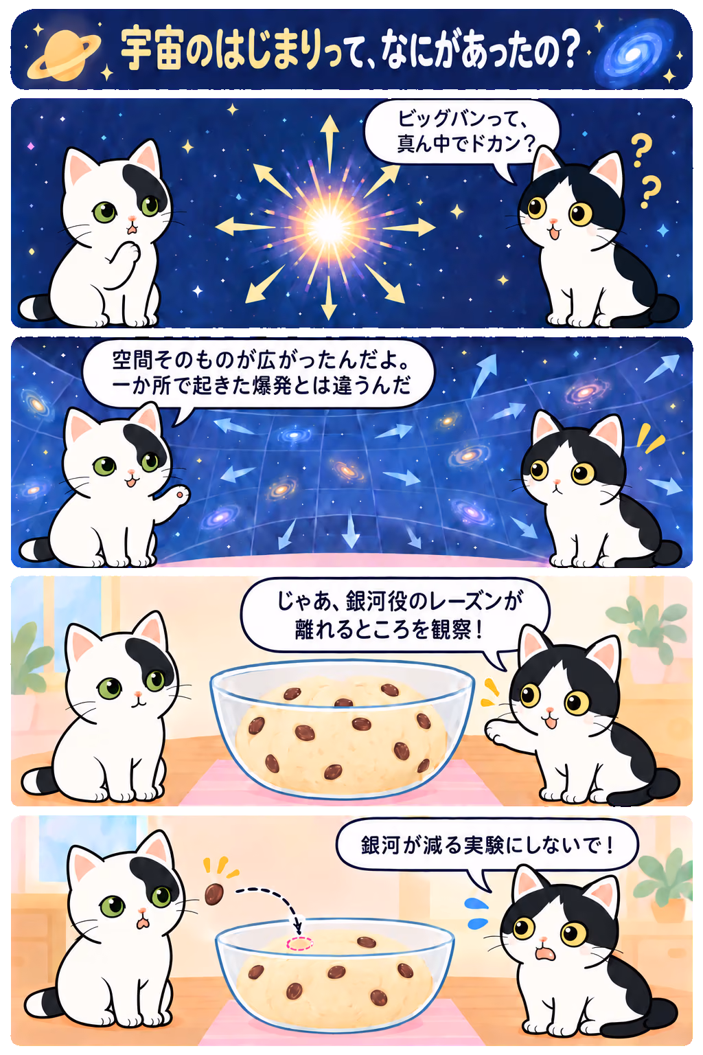 4コマ「宇宙のはじまりって、なにがあったの？」。1コマ目みい「ビッグバンって、真ん中でドカン？」、2コマ目ゆう「空間そのものが広がったんだよ。一か所で起きた爆発とは違うんだ」、3コマ目みい「じゃあ、銀河役のレーズンが離れるところを観察！」、4コマ目みい「銀河が減る実験にしないで！」