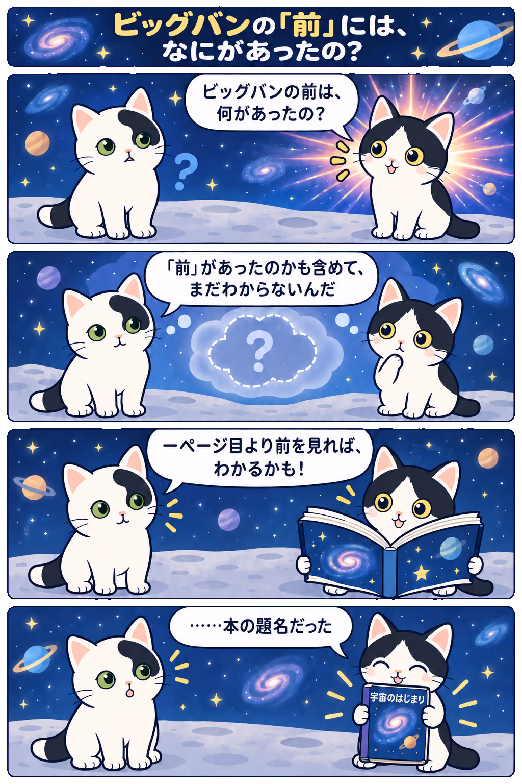 4コマ「ビッグバンの「前」には、なにがあったの？」。1コマ目みい「ビッグバンの前は、何があったの？」、2コマ目ゆう「『前』があったのかも含めて、まだわからないんだ」、3コマ目みい「一ページ目より前を見れば、わかるかも！」、4コマ目みい「……本の題名だった」