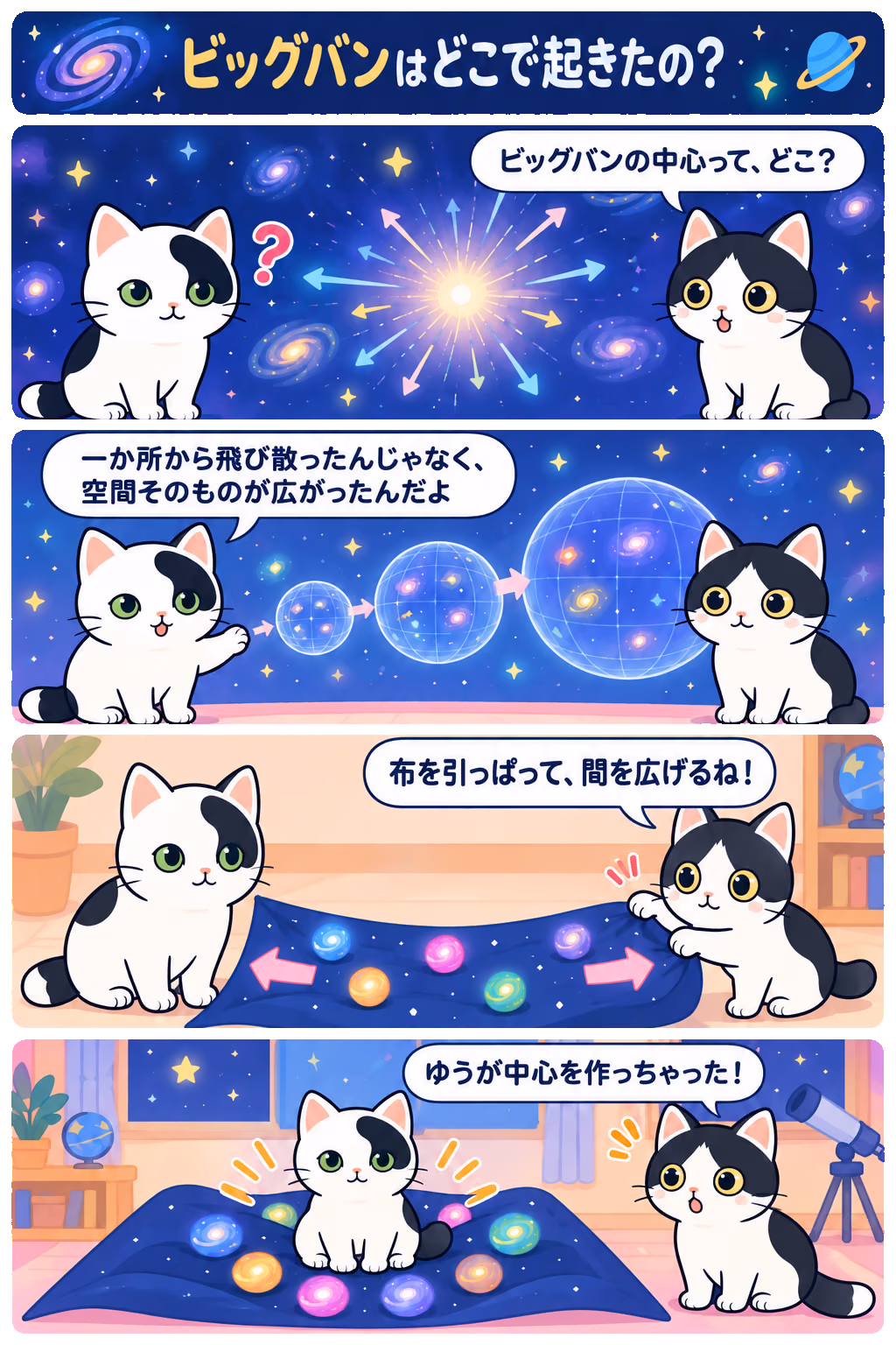 4コマ「ビッグバンはどこで起きたの？」。1コマ目みい「ビッグバンの中心って、どこ？」、2コマ目ゆう「一か所から飛び散ったんじゃなく、空間そのものが広がったんだよ」、3コマ目みい「布を引っぱって、間を広げるね！」、4コマ目みい「ゆうが中心を作っちゃった！」