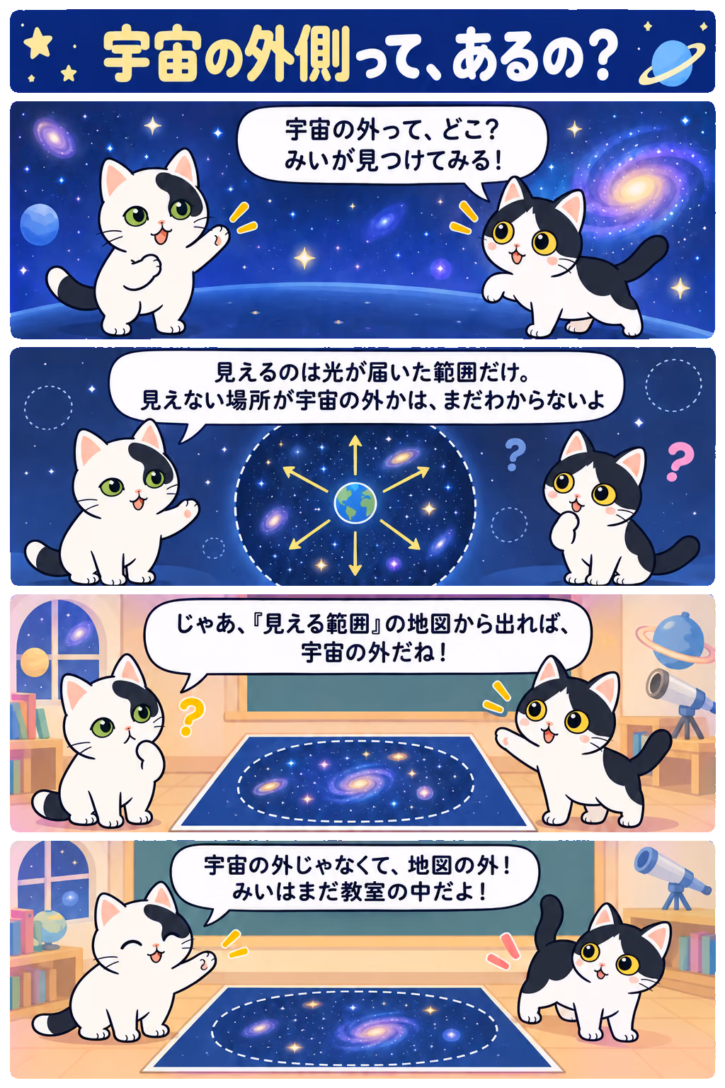 4コマ「宇宙の外側って、あるの？」。1コマ目みい「宇宙の外って、どこ？ みいが見つけてみる！」、2コマ目ゆう「見えるのは光が届いた範囲だけ。見えない場所が宇宙の外かは、まだわからないよ」、3コマ目みい「じゃあ、『見える範囲』の地図から出れば、宇宙の外だね！」、4コマ目ゆう「宇宙の外じゃなくて、地図の外！ みいはまだ教室の中だよ！」