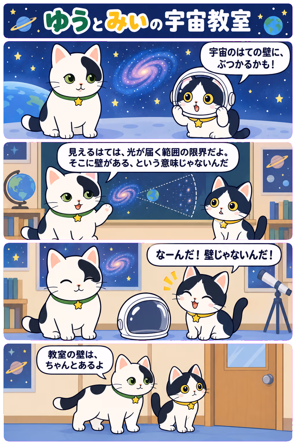 4コマ「宇宙のはてには、なにがあるの？」。1コマ目みい「宇宙のはての壁に、ぶつかるかも！」、2コマ目ゆう「見えるはては、光が届く範囲の限界だよ。そこに壁がある、という意味じゃないんだ」、3コマ目みい「なーんだ！ 壁じゃないんだ！」、4コマ目ゆう「教室の壁は、ちゃんとあるよ」
