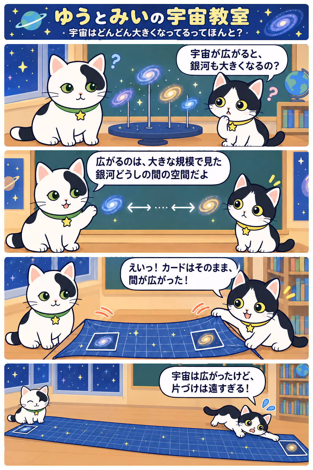 4コマ「宇宙はどんどん大きくなってるってほんと？」。1コマ目みい「宇宙が広がると、銀河も大きくなるの？」、2コマ目ゆう「広がるのは、大きな規模で見た銀河どうしの間の空間だよ」、3コマ目みい「えいっ！ カードはそのまま、間が広がった！」、4コマ目みい「実験成功！ ……片づける手が届かない！」