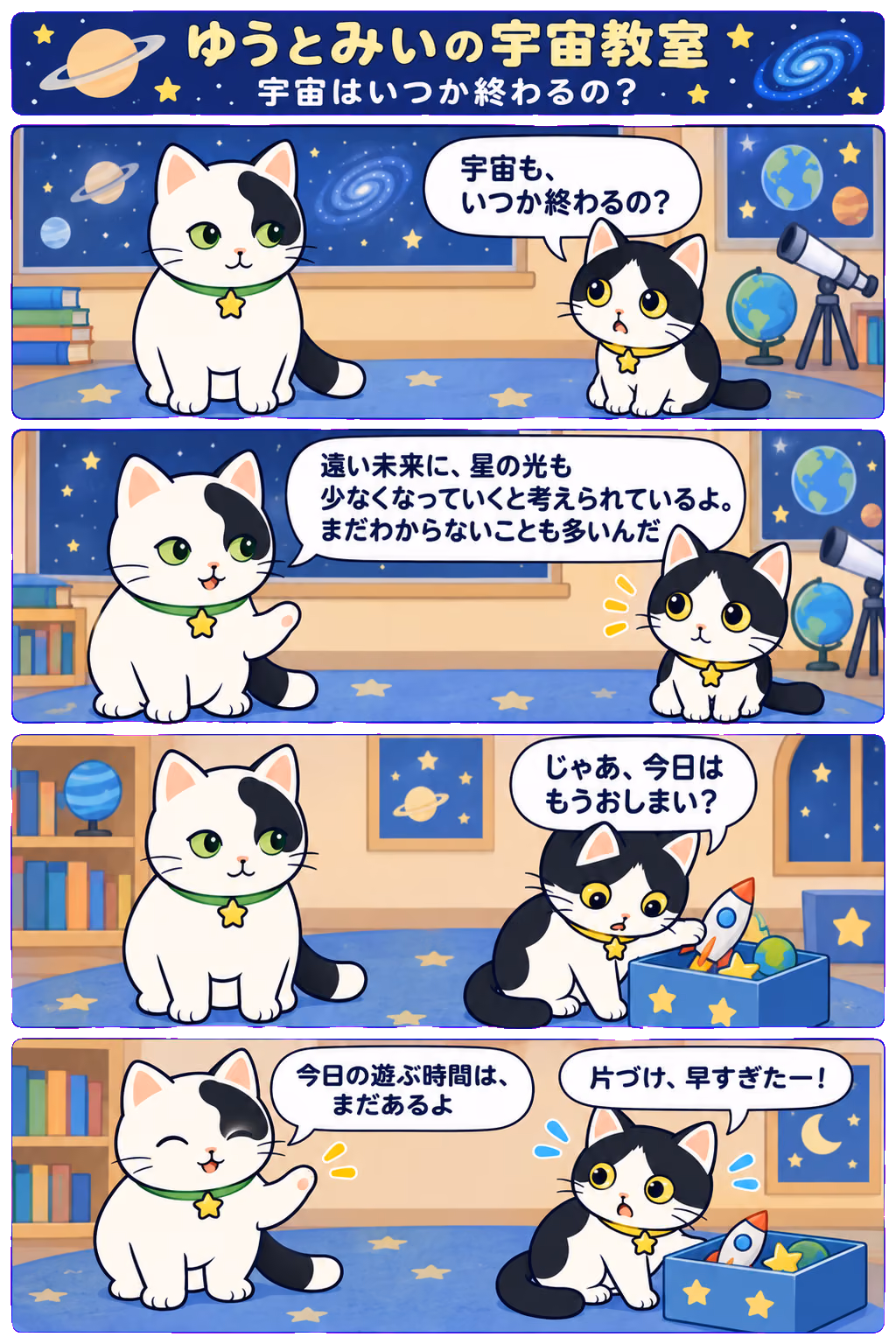 4コマ「宇宙はいつか終わるの？」。1コマ目みい「宇宙も、いつか終わるの？」、2コマ目ゆう「遠い未来に、星の光も少なくなっていくと考えられているよ。まだわからないことも多いんだ」、3コマ目みい「じゃあ、今日はもうおしまい？」、4コマ目ゆう「今日の遊ぶ時間は、まだあるよ」、みい「片づけ、早すぎたー！」