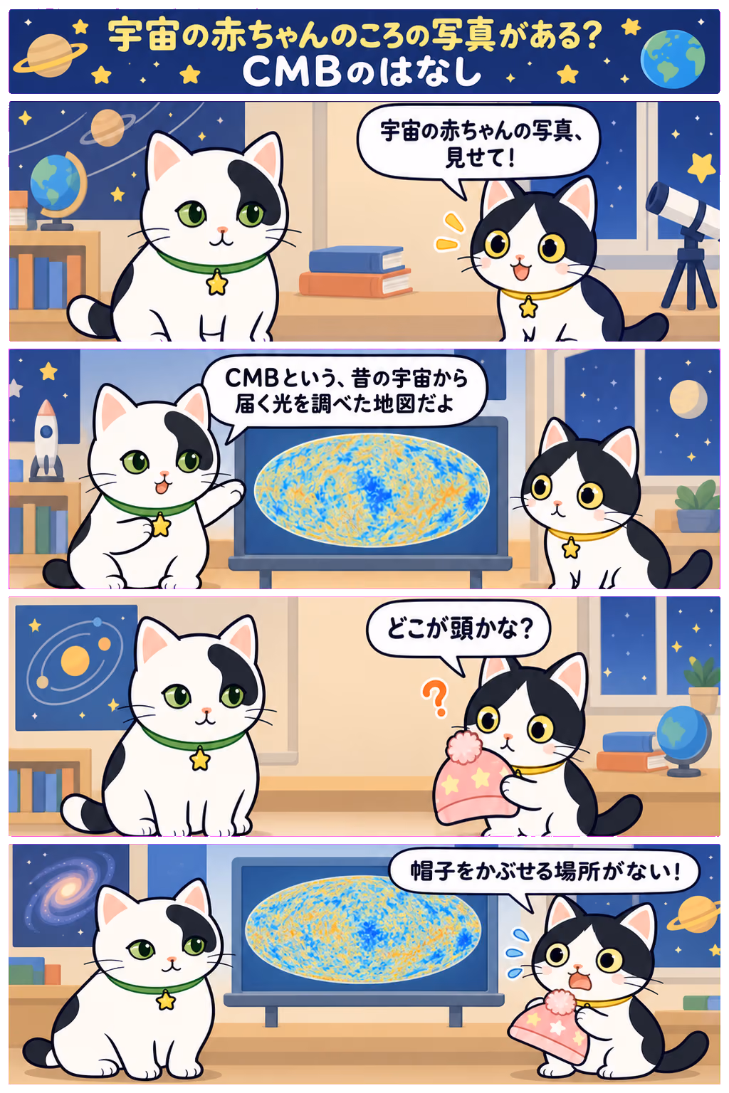 4コマ「宇宙の赤ちゃんのころの写真がある？ CMBのはなし」。1コマ目みい「宇宙の赤ちゃんの写真、見せて！」、2コマ目ゆう「CMBという、昔の宇宙から届く光を調べた地図だよ」、3コマ目みい「どこが頭かな？」、4コマ目みい「帽子をかぶせる場所がない！」