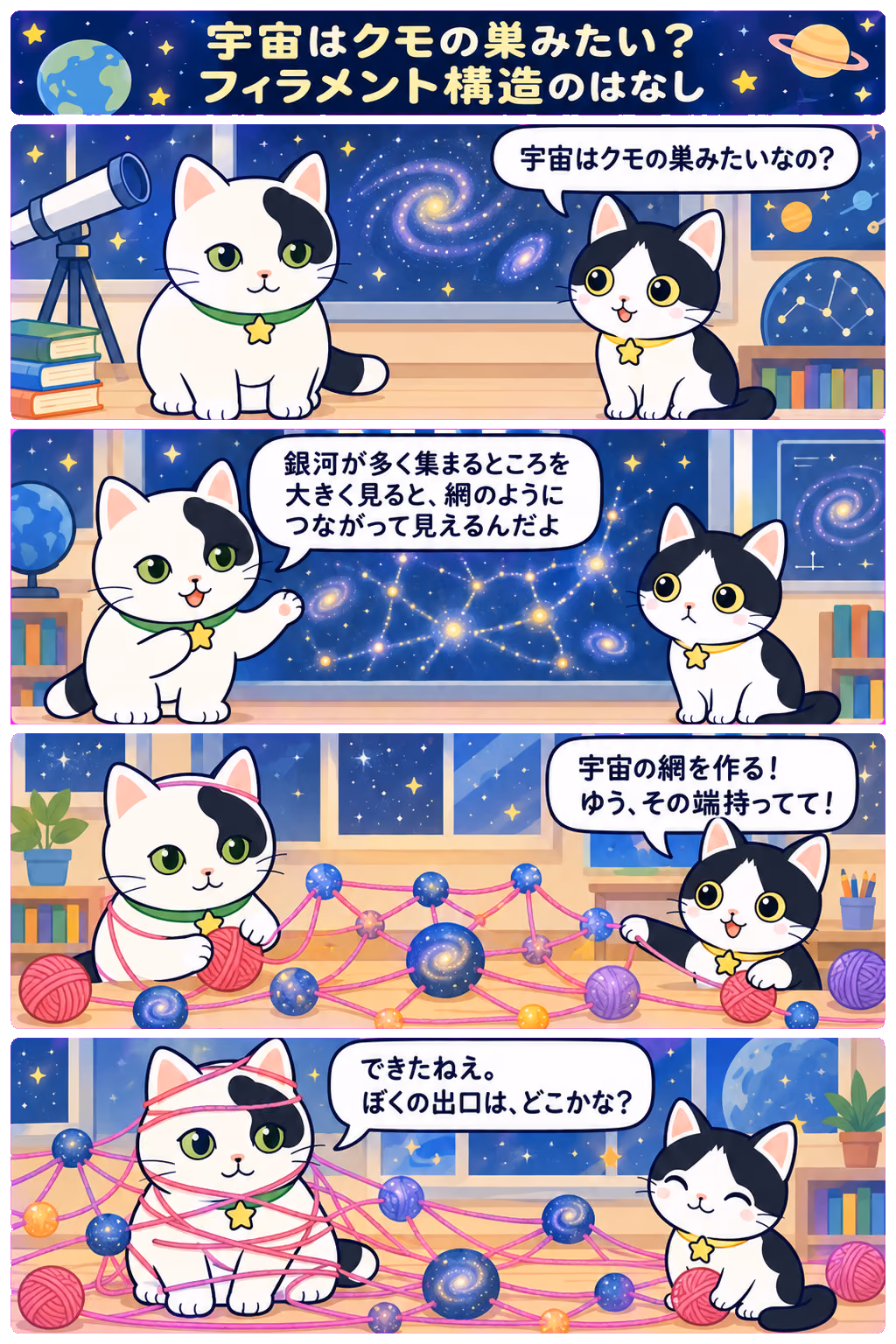 4コマ「宇宙はクモの巣みたい？ フィラメント構造のはなし」。1コマ目みい「宇宙はクモの巣みたいなの？」、2コマ目ゆう「銀河が多く集まるところを大きく見ると、網のようにつながって見えるんだよ」、3コマ目みい「宇宙の網を作る！ ゆう、その端持ってて！」、4コマ目ゆう「できたねえ。ぼくの出口は、どこかな？」