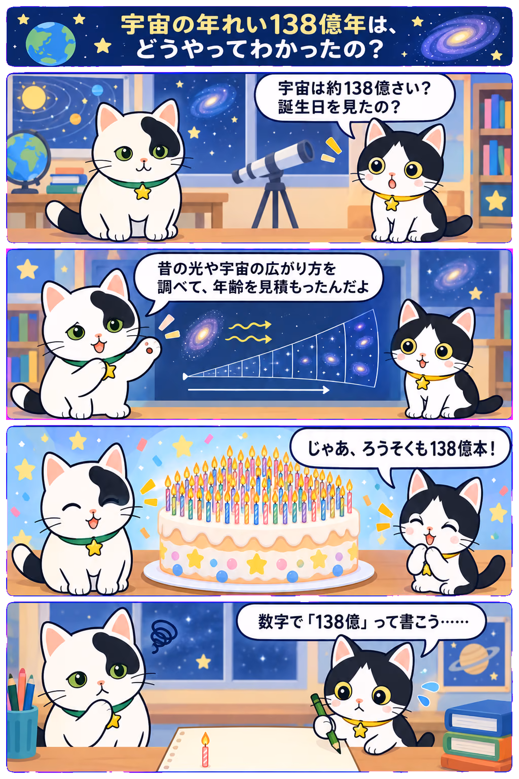 4コマ「宇宙の年れい138億年は、どうやってわかったの？」。1コマ目みい「宇宙は約138億さい？ 誕生日を見たの？」、2コマ目ゆう「昔の光や宇宙の広がり方を調べて、年齢を見積もったんだよ」、3コマ目みい「じゃあ、ろうそくも138億本！」、4コマ目みい「数字で『138億』って書こう……」