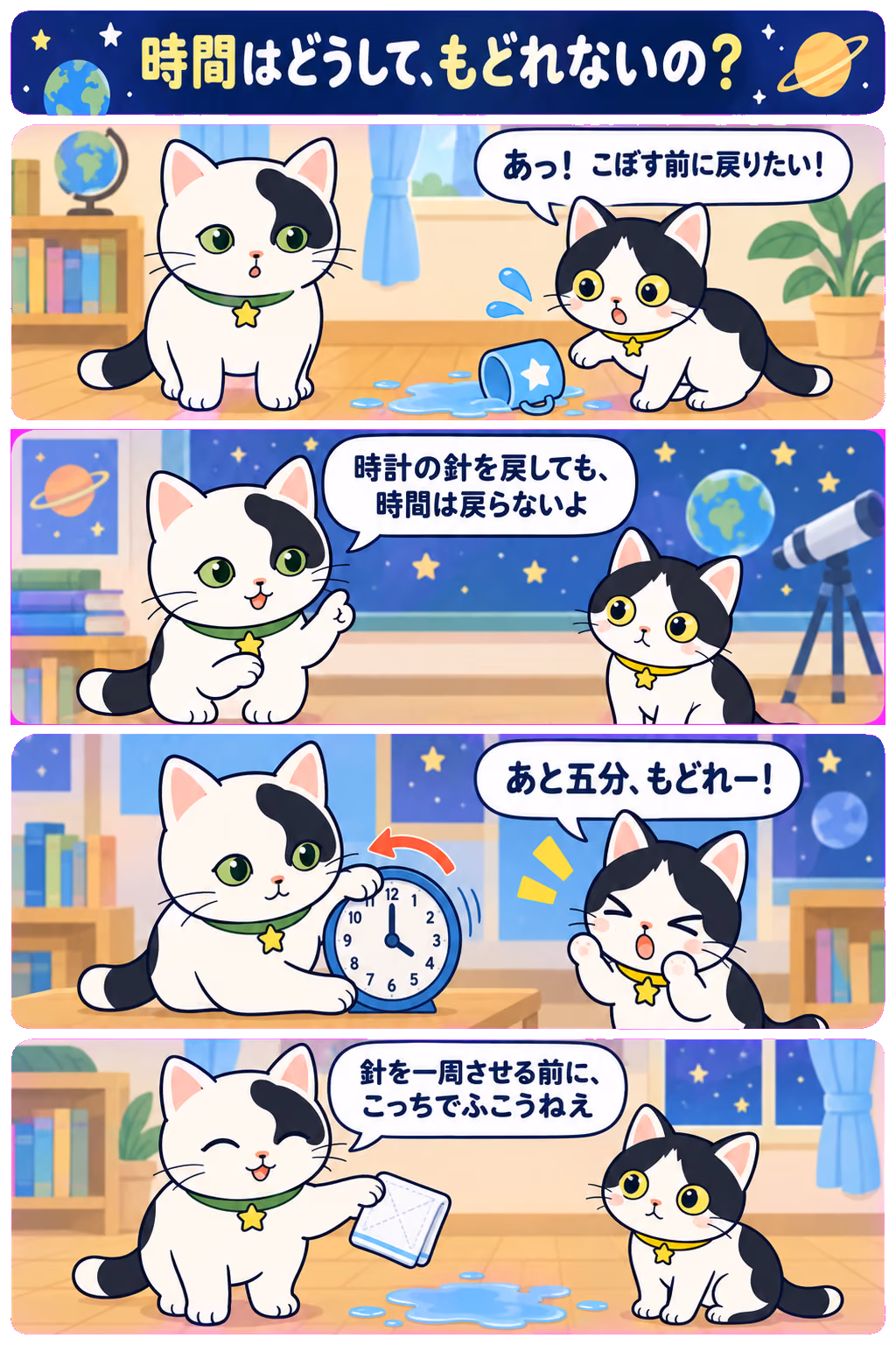 4コマ「時間はどうして、もどれないの？」。1コマ目みい「あっ！ こぼす前に戻りたい！」、2コマ目ゆう「時計の針を戻しても、時間は戻らないよ」、3コマ目みい「あと五分、もどれー！」、4コマ目ゆう「針を一周させる前に、こっちでふこうねえ」