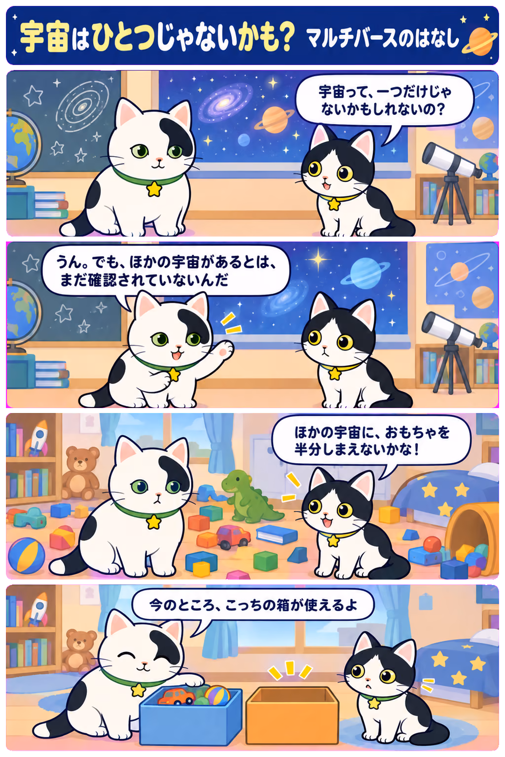 4コマ「宇宙はひとつじゃないかも？ マルチバースのはなし」。1コマ目みい「宇宙って、一つだけじゃないかもしれないの？」、2コマ目ゆう「うん。でも、ほかの宇宙があるとは、まだ確認されていないんだ」、3コマ目みい「ほかの宇宙に、おもちゃを半分しまえないかな！」、4コマ目ゆう「今のところ、こっちの箱が使えるよ」