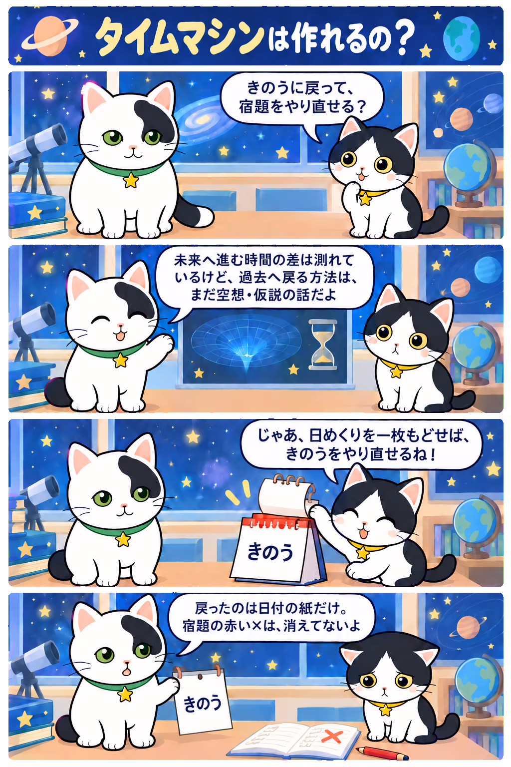 4コマ「タイムマシンは作れるの？」。1コマ目みい「きのうに戻って、宿題をやり直せる？」、2コマ目ゆう「未来へ進む時間の差は測れているけど、過去へ戻る方法は、まだ空想・仮説の話だよ」、3コマ目みい「じゃあ、日めくりを一枚もどせば、きのうをやり直せるね！」、4コマ目ゆう「戻ったのは日付の紙だけ。宿題の赤い×は、消えてないよ」