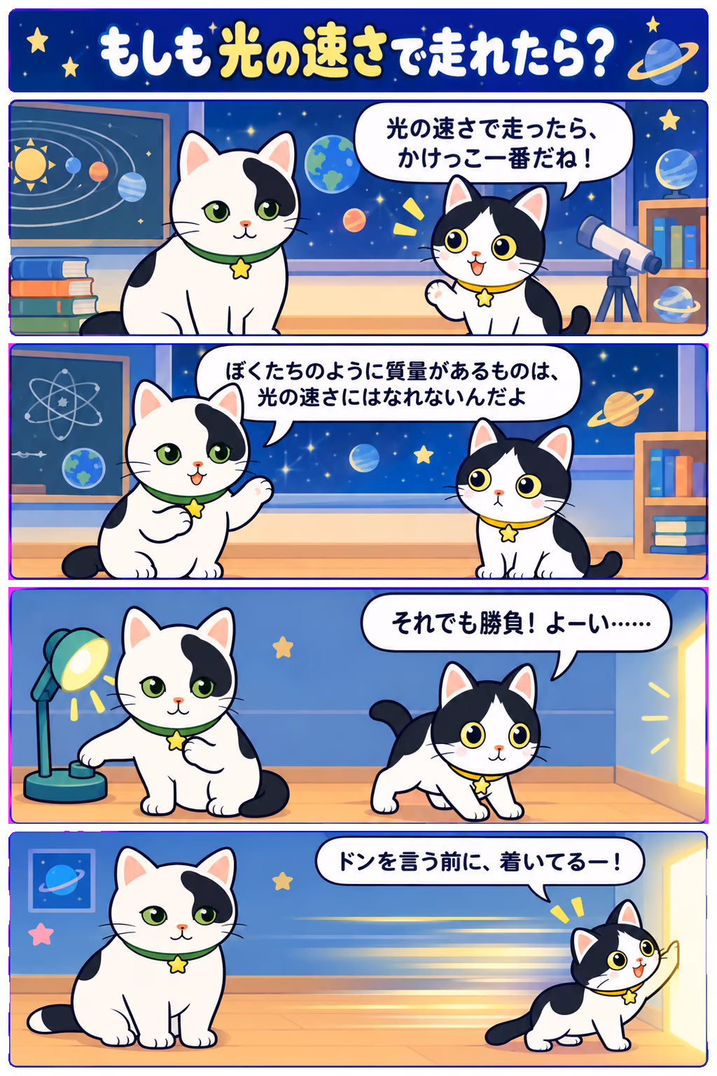 4コマ「もしも光の速さで走れたら？」。1コマ目みい「光の速さで走ったら、かけっこ一番だね！」、2コマ目ゆう「ぼくたちのように質量があるものは、光の速さにはなれないんだよ」、3コマ目みい「それでも勝負！ よーい……」、4コマ目みい「ドンを言う前に、着いてるー！」