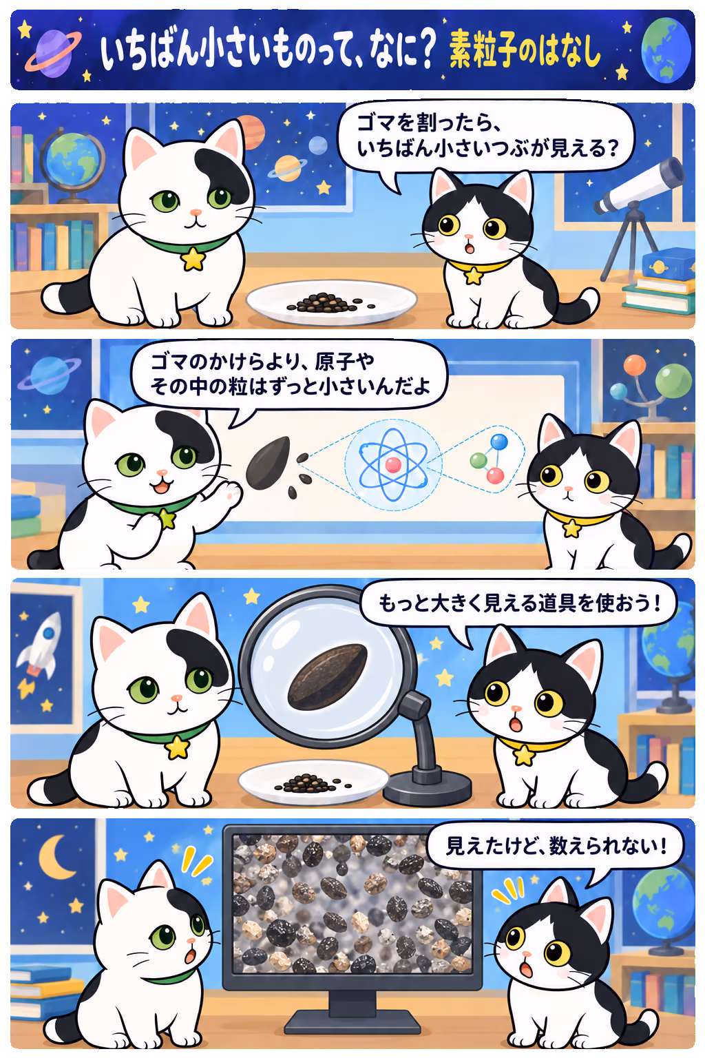 4コマ「いちばん小さいものって、なに？ 素粒子のはなし」。1コマ目みい「ゴマを割ったら、いちばん小さいつぶが見える？」、2コマ目ゆう「ゴマのかけらより、原子やその中の粒はずっと小さいんだよ」、3コマ目みい「もっと大きく見える道具を使おう！」、4コマ目みい「見えたけど、数えられない！」