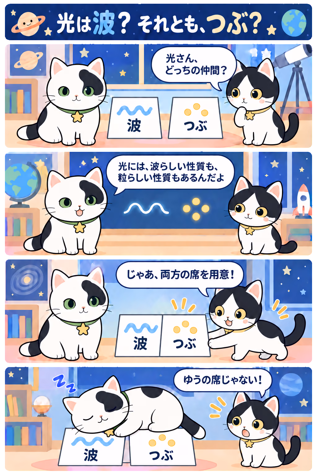 4コマ「光は波？ それとも、つぶ？」。1コマ目みい「光さん、どっちの仲間？」、2コマ目ゆう「光には、波らしい性質も、粒らしい性質もあるんだよ」、3コマ目みい「じゃあ、両方の席を用意！」、4コマ目みい「ゆうの席じゃない！」