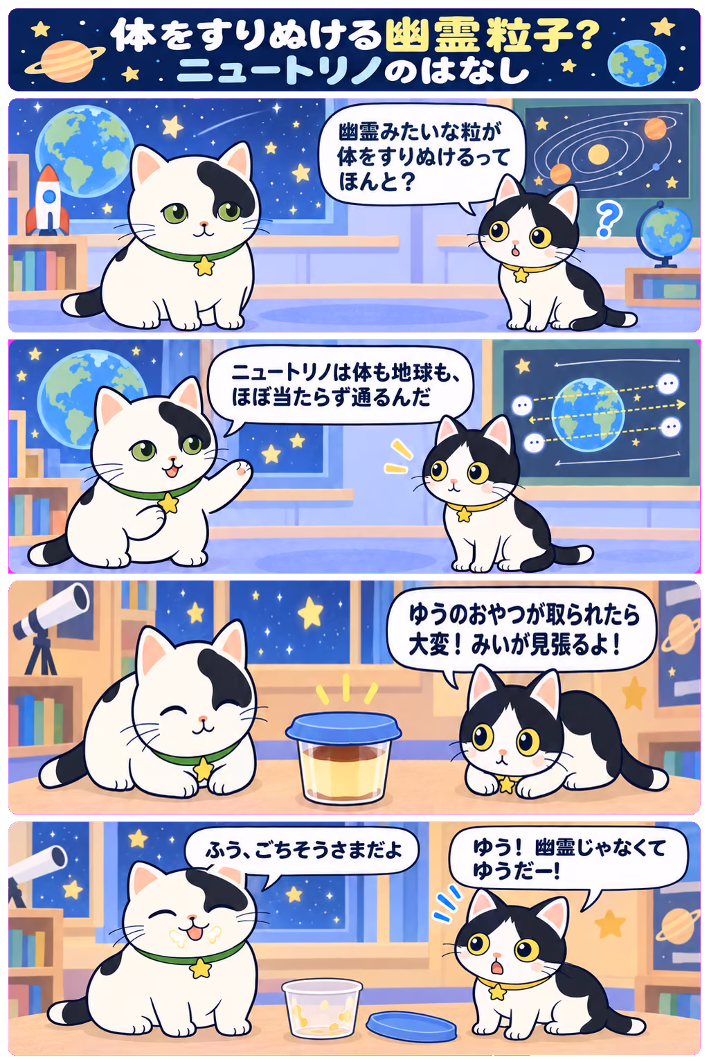 4コマ「体をすりぬける幽霊粒子？ ニュートリノのはなし」。1コマ目みい「幽霊みたいな粒が体をすりぬけるってほんと？」、2コマ目ゆう「ニュートリノは体も地球も、ほぼ当たらず通るんだ」、3コマ目みい「ゆうのおやつが取られたら大変！ みいが見張るよ！」、4コマ目ゆう「ふう、ごちそうさまだよ」、みい「ゆう！ 幽霊じゃなくてゆうだー！」