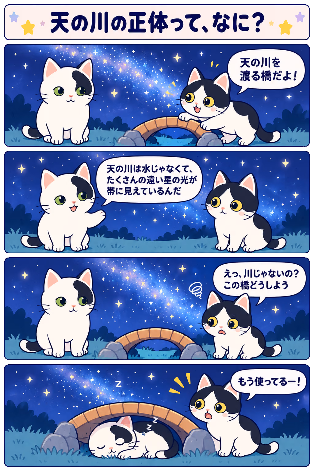 4コマ「天の川の正体って、なに？」。1コマ目みい「天の川を渡る橋だよ！」、2コマ目ゆう「天の川は水じゃなくて、たくさんの遠い星の光が帯に見えているんだ」、3コマ目みい「えっ、川じゃないの？ この橋どうしよう」、4コマ目みい「もう使ってるー！」