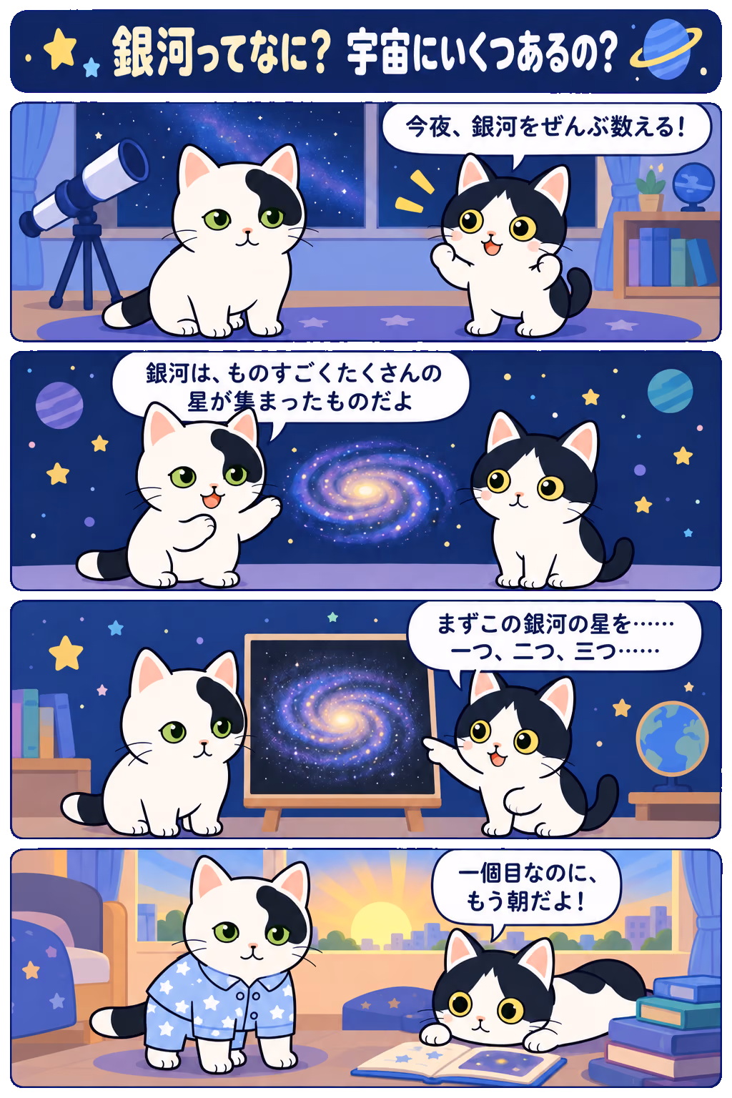 4コマ「銀河ってなに？ 宇宙にいくつあるの？」。1コマ目みい「今夜、銀河をぜんぶ数える！」、2コマ目ゆう「銀河は、ものすごくたくさんの星が集まったものだよ」、3コマ目みい「まずこの銀河の星を……一つ、二つ、三つ……」、4コマ目ゆう「一個目の銀河、まだ数えてる？」