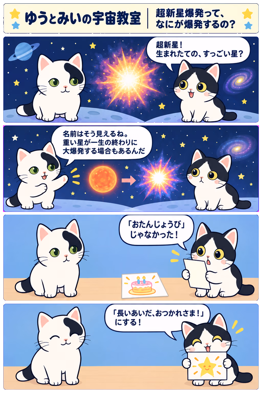 4コマ「超新星爆発って、なにが爆発するの？」。1コマ目みい「超新星！ 生まれたての、すっごい星？」、2コマ目ゆう「名前はそう見えるね。重い星が一生の終わりに大爆発する場合もあるんだ」、3コマ目みい「『おたんじょうび』じゃなかった！」、4コマ目みい「『長いあいだ、おつかれさま！』にする！」
