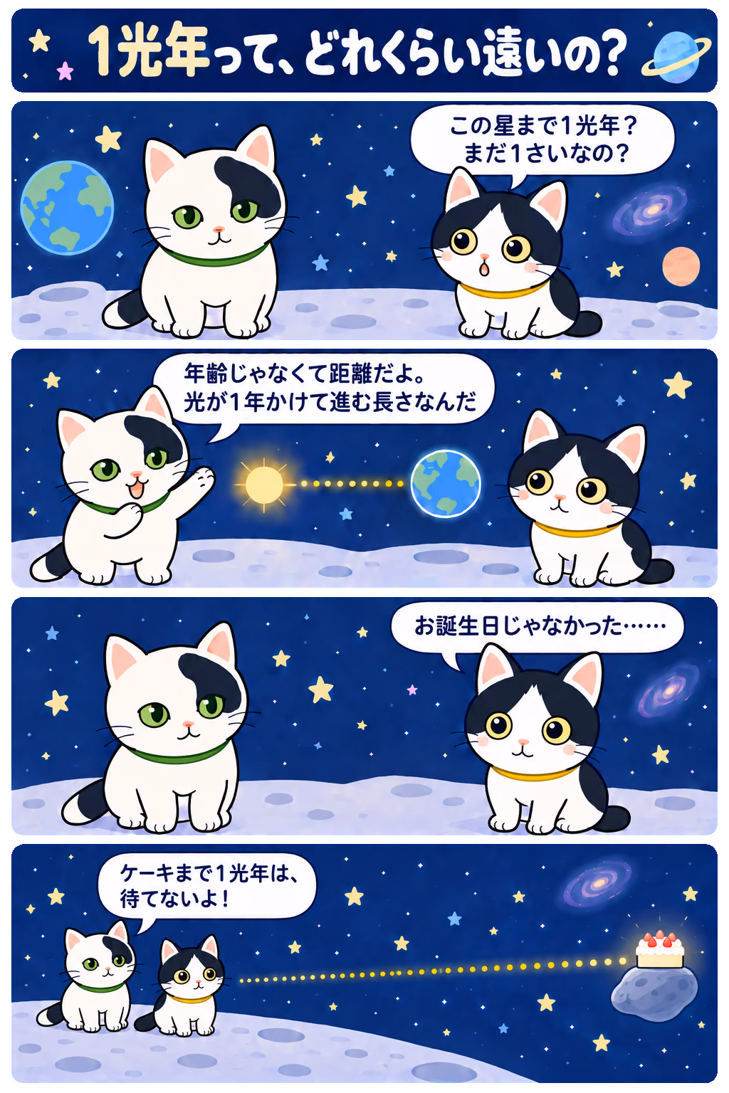 4コマ「1光年って、どれくらい遠いの？」。1コマ目みい「この星まで1光年？ まだ1さいなの？」、2コマ目ゆう「年齢じゃなくて距離だよ。光が1年かけて進む長さなんだ」、3コマ目みい「お誕生日じゃなかった……」、4コマ目ゆう「ケーキまで1光年は、待てないよ！」