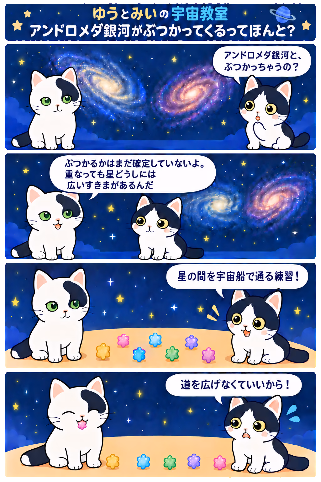 4コマ「アンドロメダ銀河がぶつかってくるってほんと？」。1コマ目みい「アンドロメダ銀河と、ぶつかっちゃうの？」、2コマ目ゆう「ぶつかるかはまだ確定していないよ。重なっても星どうしには広いすきまがあるんだ」、3コマ目みい「星の間を宇宙船で通る練習！」、4コマ目みい「道を広げなくていいから！」
