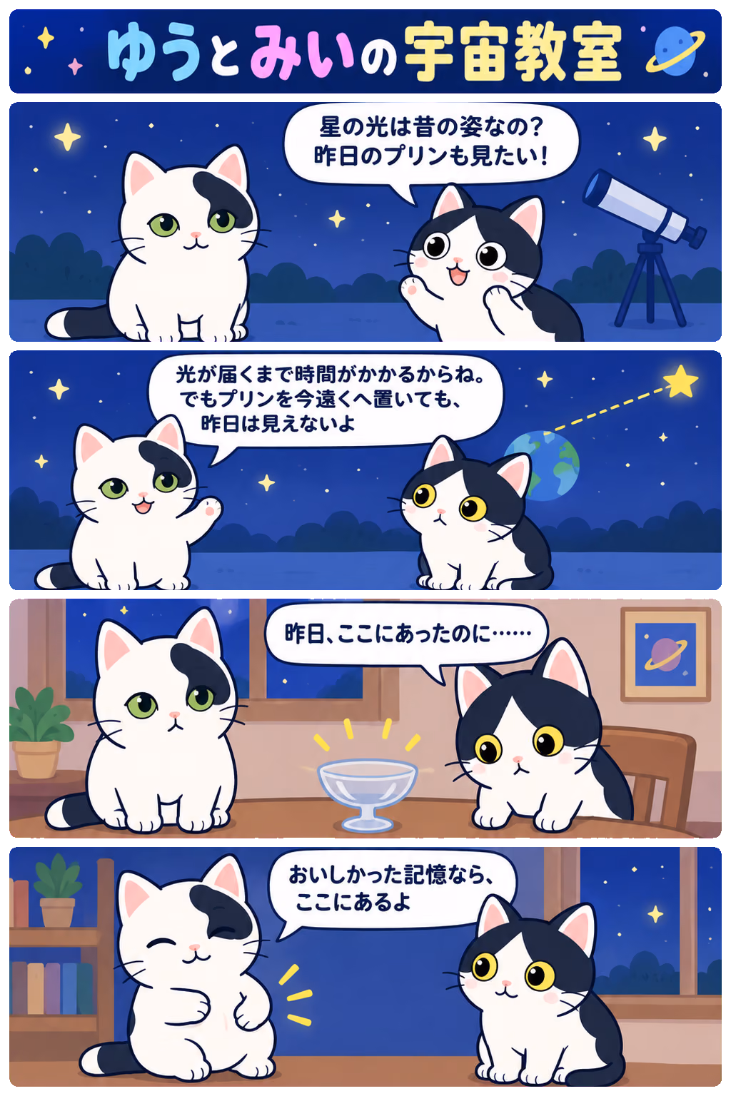 4コマ「夜空の星は「むかしの光」ってほんと？」。1コマ目みい「星の光は昔の姿なの？ 昨日のプリンも見たい！」、2コマ目ゆう「光が届くまで時間がかかるからね。でもプリンを今遠くへ置いても、昨日は見えないよ」、3コマ目みい「昨日、ここにあったのに……」、4コマ目ゆう「おいしかった記憶なら、ここにあるよ」