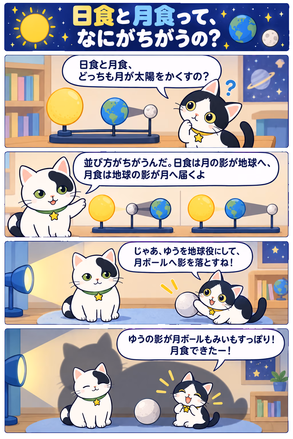 4コマ「日食と月食って、なにがちがうの？」。1コマ目みい「日食と月食、どっちも月が太陽をかくすの？」、2コマ目ゆう「並び方がちがうんだ。日食は月の影が地球へ、月食は地球の影が月へ届くよ」、3コマ目みい「じゃあ、ゆうを地球役にして、月ボールへ影を落とすね！」、4コマ目みい「ゆうの影が月ボールもみいもすっぽり！ 月食できたー！」