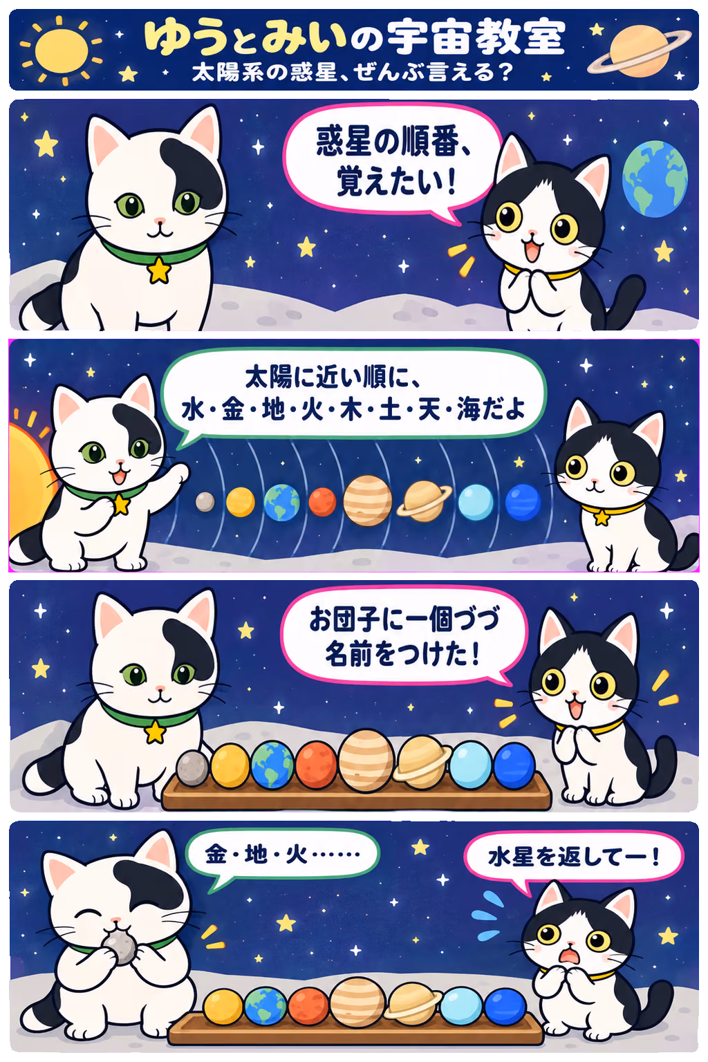 4コマ「太陽系の惑星、ぜんぶ言える？」。1コマ目みい「惑星の順番、覚えたい！」、2コマ目ゆう「太陽に近い順に、水・金・地・火・木・土・天・海だよ」、3コマ目みい「お団子に一個づづ名前をつけた！」、4コマ目ゆう「金・地・火……」、みい「水星を返してー！」
