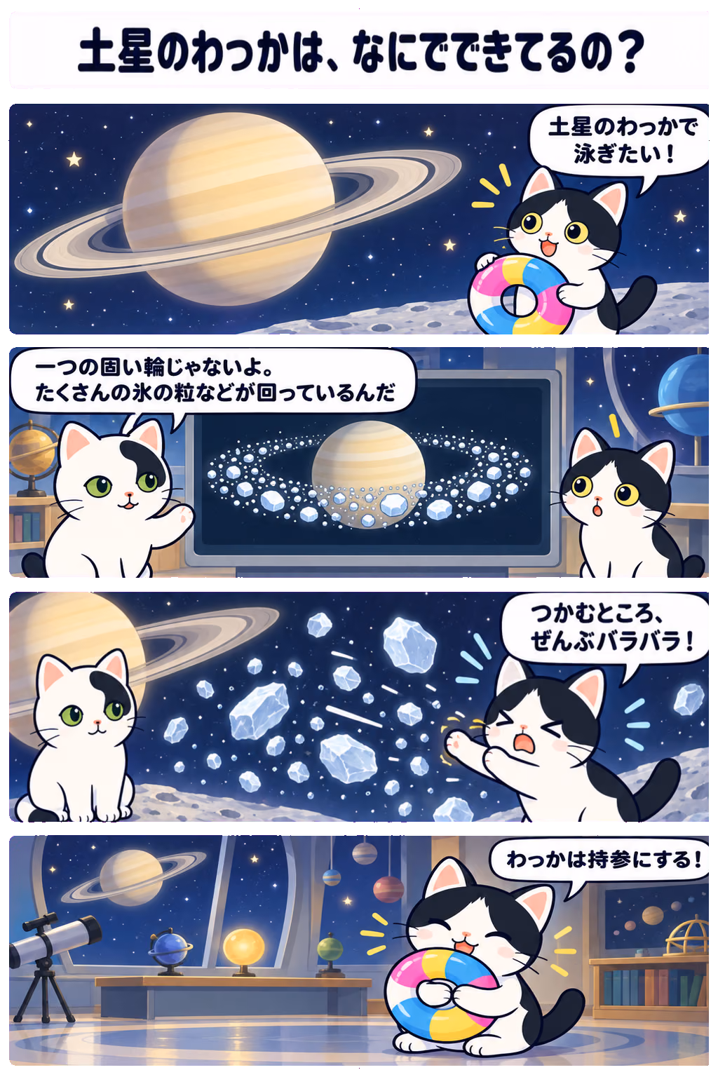 4コマ「土星のわっかは、なにでできてるの？」。1コマ目みい「土星のわっかで泳ぎたい！」、2コマ目ゆう「一つの固い輪じゃないよ。たくさんの氷の粒などが回っているんだ」、3コマ目みい「つかむところ、ぜんぶバラバラ！」、4コマ目みい「わっかは持参にする！」