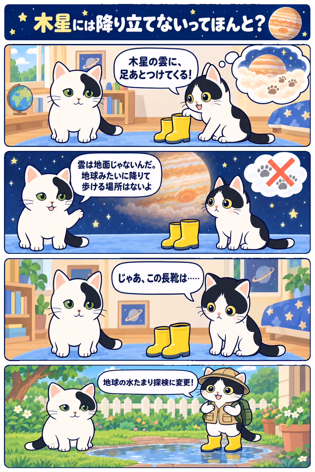4コマ「木星には降り立てないってほんと？」。1コマ目みい「木星の雲に、足あとつけてくる！」、2コマ目ゆう「雲は地面じゃないんだ。地球みたいに降りて歩ける場所はないよ」、3コマ目みい「じゃあ、この長靴は……」、4コマ目みい「地球の水たまり探検に変更！」