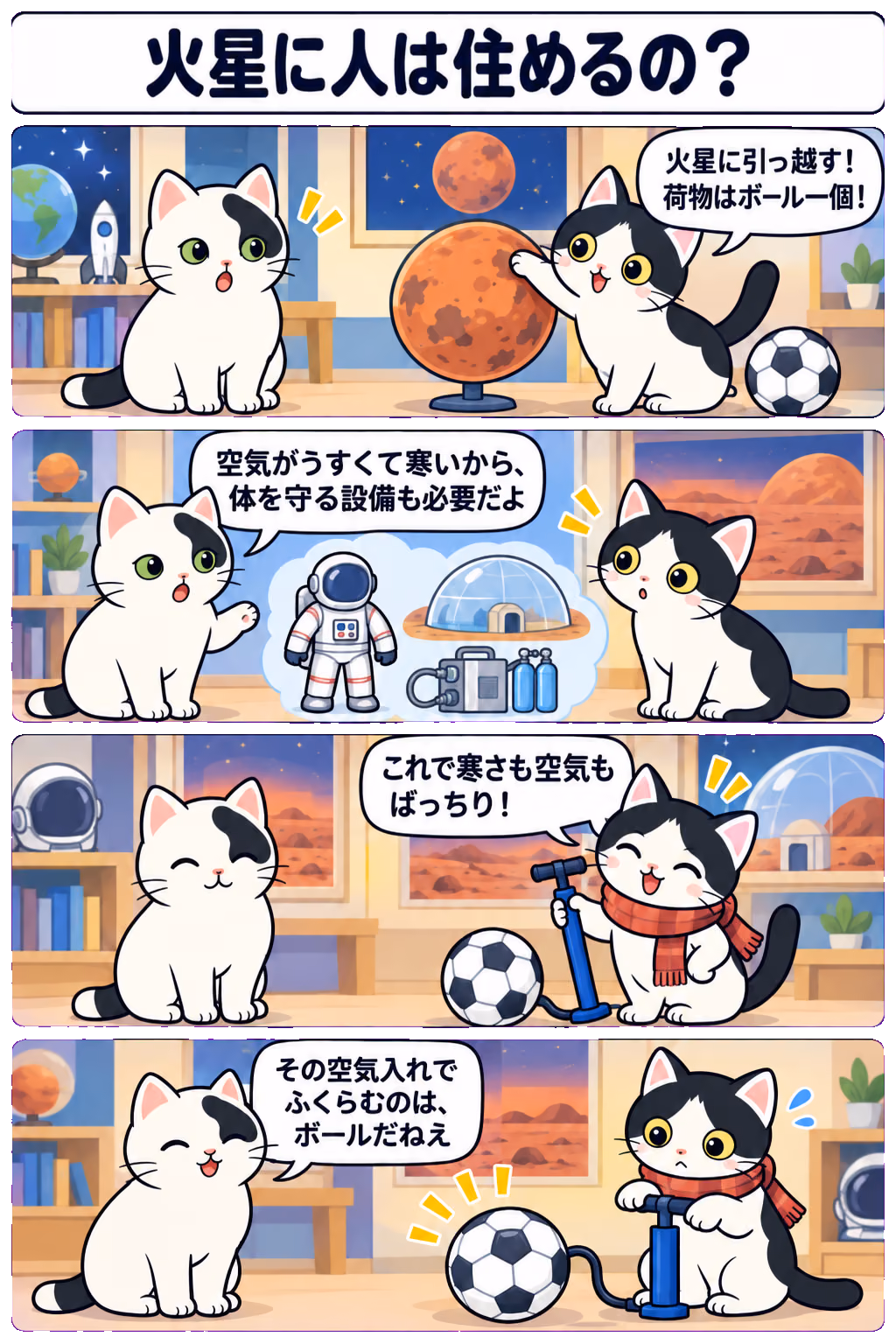 4コマ「火星に人は住めるの？」。1コマ目みい「火星に引っ越す！ 荷物はボール一個！」、2コマ目ゆう「空気がうすくて寒いから、体を守る設備も必要だよ」、3コマ目みい「これで寒さも空気もばっちり！」、4コマ目ゆう「その空気入れでふくらむのは、ボールだねえ」