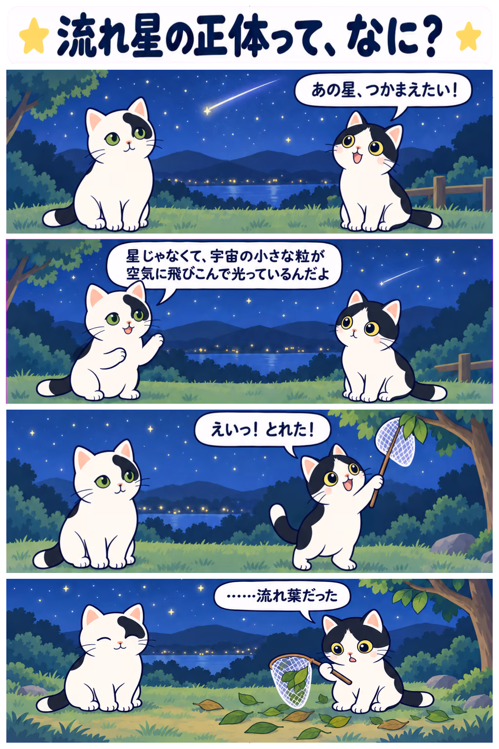 4コマ「流れ星の正体って、なに？」。1コマ目みい「あの星、つかまえたい！」、2コマ目ゆう「星じゃなくて、宇宙の小さな粒が空気に飛びこんで光っているんだよ」、3コマ目みい「えいっ！ とれた！」、4コマ目みい「……流れ葉だった」