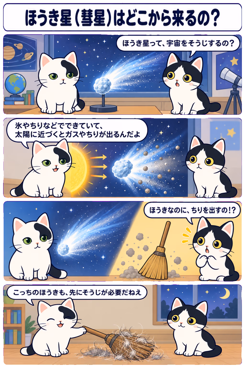 4コマ「ほうき星（彗星）はどこから来るの？」。1コマ目みい「ほうき星って、宇宙をそうじするの？」、2コマ目ゆう「氷やちりなどでできていて、太陽に近づくとガスやちりが出るんだよ」、3コマ目みい「ほうきなのに、ちりを出すの！？」、4コマ目ゆう「こっちのほうきも、先にそうじが必要だねえ」