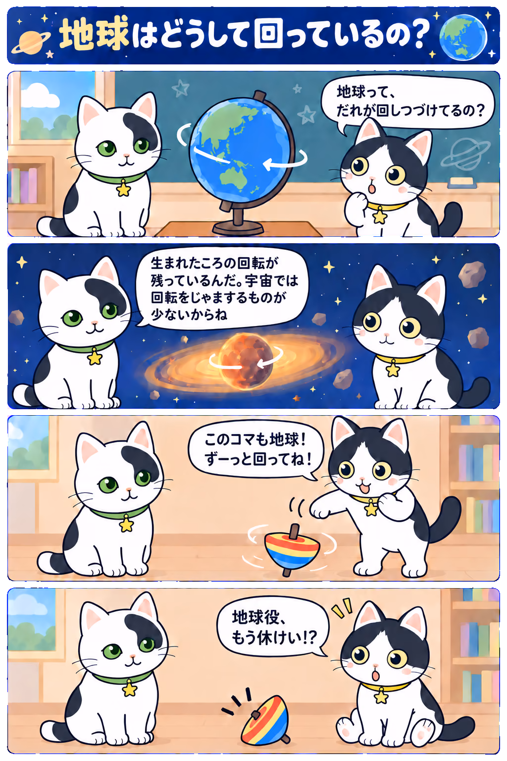 4コマ「地球はどうして回っているの？」。1コマ目みい「地球って、だれが回しつづけてるの？」、2コマ目ゆう「生まれたころの回転が残っているんだ。宇宙では回転をじゃまするものが少ないからね」、3コマ目みい「このコマも地球！ ずーっと回ってね！」、4コマ目みい「地球役、もう休けい！？」