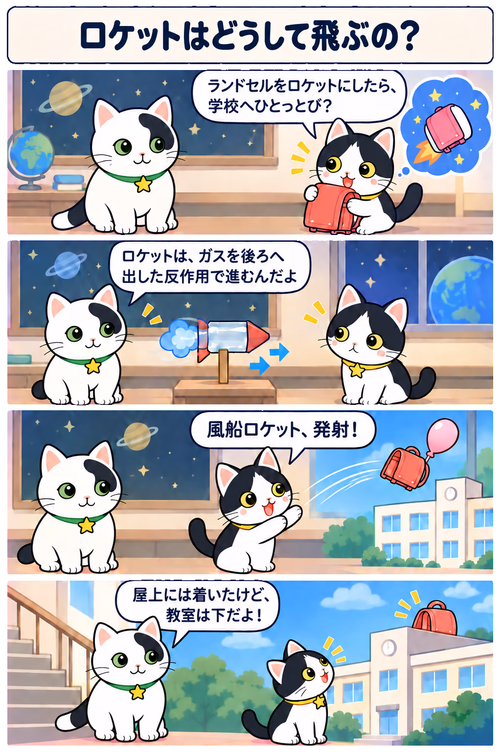 4コマ「ロケットはどうして飛ぶの？」。1コマ目みい「ランドセルをロケットにしたら、学校へひとっとび？」、2コマ目ゆう「ロケットは、ガスを後ろへ出した反作用で進むんだよ」、3コマ目みい「模型で登校実験！ 出発ー！」、4コマ目みい「着いた！」、ゆう「教室へは、階段を下りてね」
