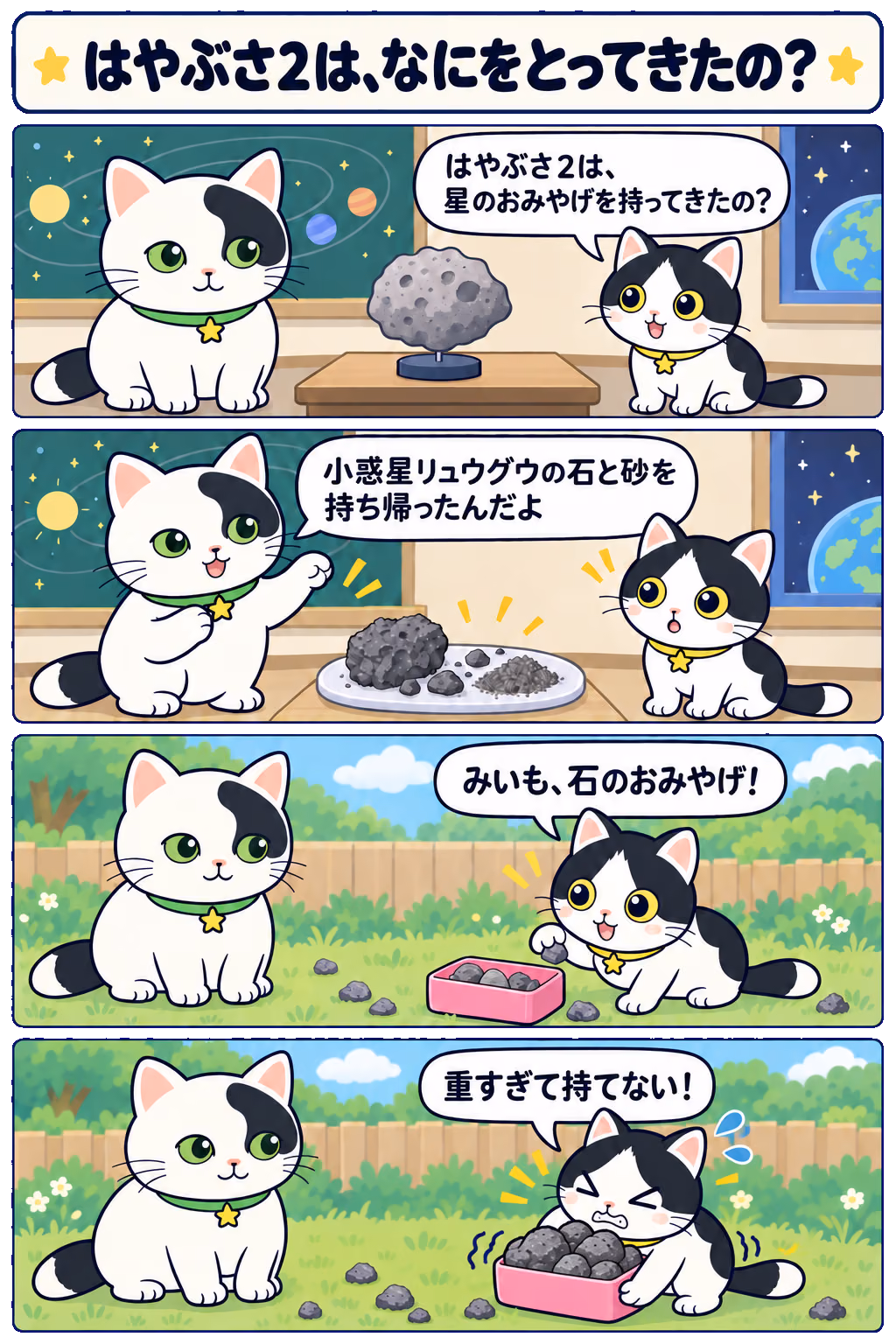4コマ「はやぶさ2は、なにをとってきたの？」。1コマ目みい「はやぶさ2は、星のおみやげを持ってきたの？」、2コマ目ゆう「小惑星リュウグウの石と砂を持ち帰ったんだよ」、3コマ目みい「みいも、石のおみやげ！」、4コマ目みい「あっ！ お昼ごはんの着陸場所がない！」