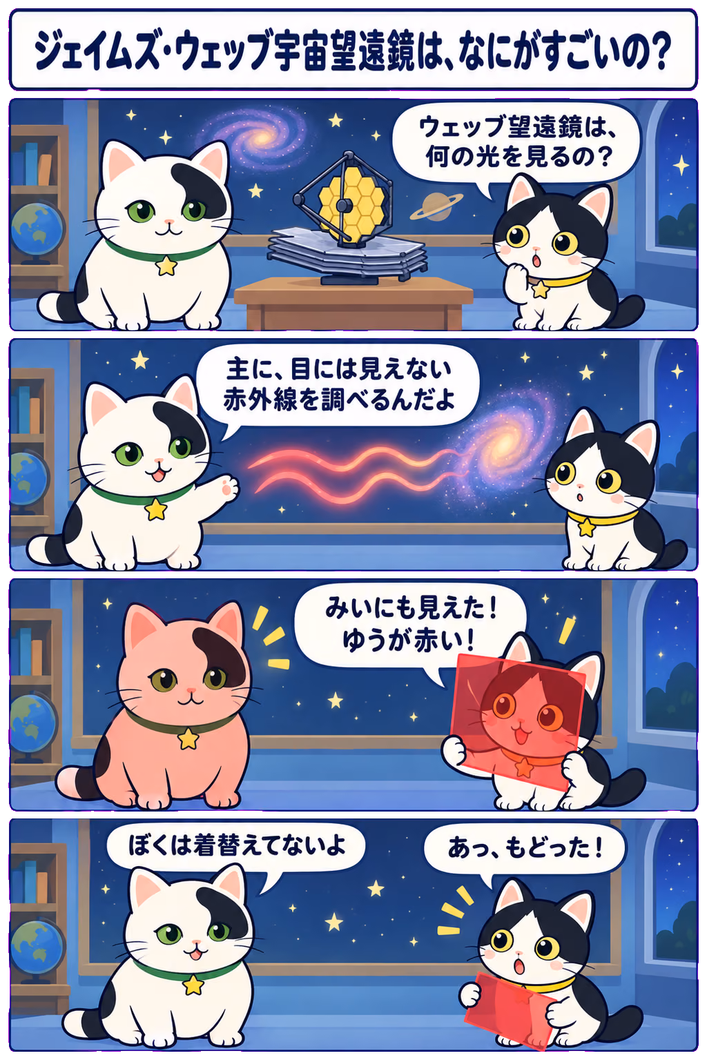 4コマ「ジェイムズ・ウェッブ宇宙望遠鏡は、なにがすごいの？」。1コマ目みい「ウェッブ望遠鏡は、何の光を見るの？」、2コマ目ゆう「主に、目には見えない赤外線を調べるんだよ」、3コマ目みい「みいにも見えた！ ゆうが赤い！」、4コマ目みい「あっ、もどった！」、ゆう「ぼくは着替えてないよ」