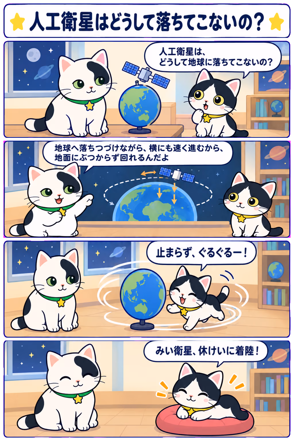 4コマ「人工衛星はどうして落ちてこないの？」。1コマ目みい「人工衛星は、どうして地球に落ちてこないの？」、2コマ目ゆう「地球へ落ちつづけながら、横にも速く進むから、地面にぶつからず回れるんだよ」、3コマ目みい「止まらず、ぐるぐるー！」、4コマ目みい「みい衛星、休けいに着陸！」