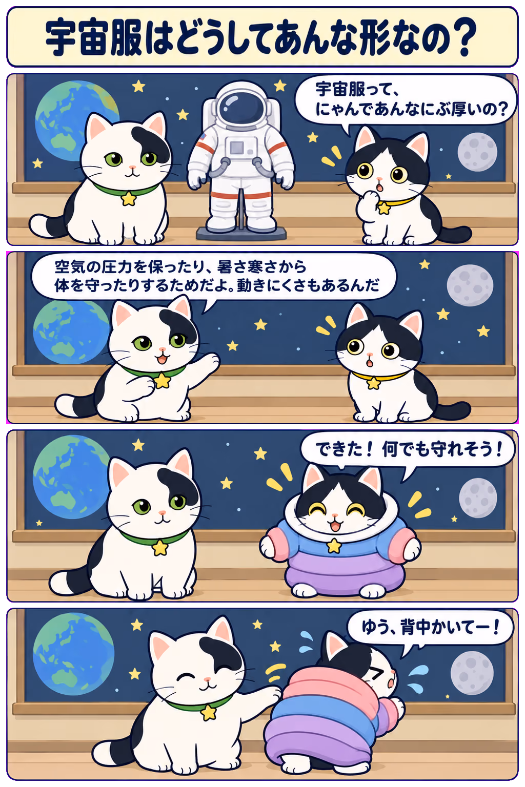 4コマ「宇宙服はどうしてあんな形なの？」。1コマ目みい「宇宙服って、にゃんであんなにぶ厚いの？」、2コマ目ゆう「空気の圧力を保ったり、暑さ寒さから体を守ったりするためだよ。動きにくさもあるんだ」、3コマ目みい「できた！ 何でも守れそう！」、4コマ目みい「ゆう、背中かいてー！」