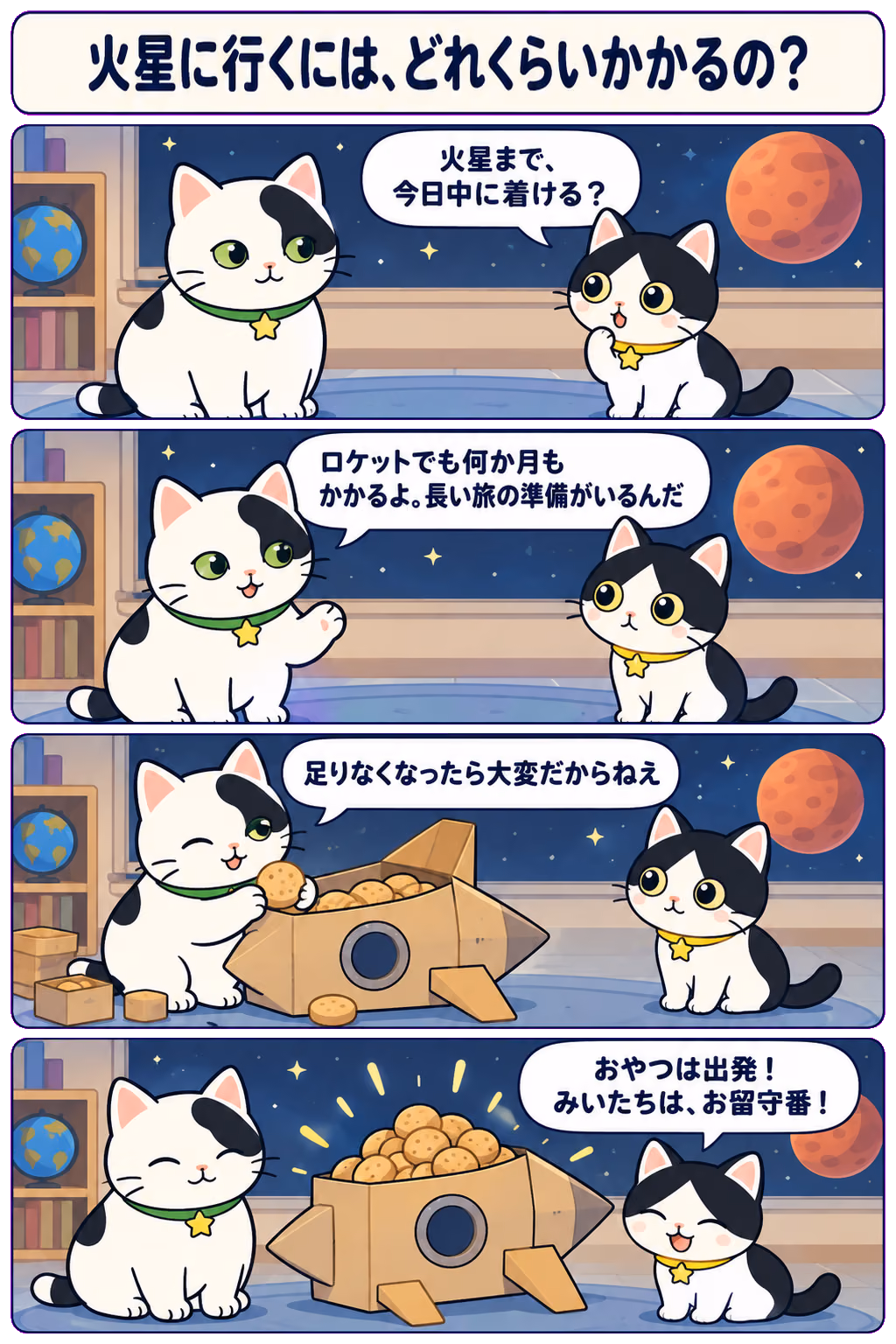 4コマ「火星に行くには、どれくらいかかるの？」。1コマ目みい「火星まで、今日中に着ける？」、2コマ目ゆう「ロケットでも何か月もかかるよ。長い旅の準備がいるんだ」、3コマ目ゆう「足りなくなったら大変だからねえ」、4コマ目みい「おやつは出発！ みいたちは、お留守番！」