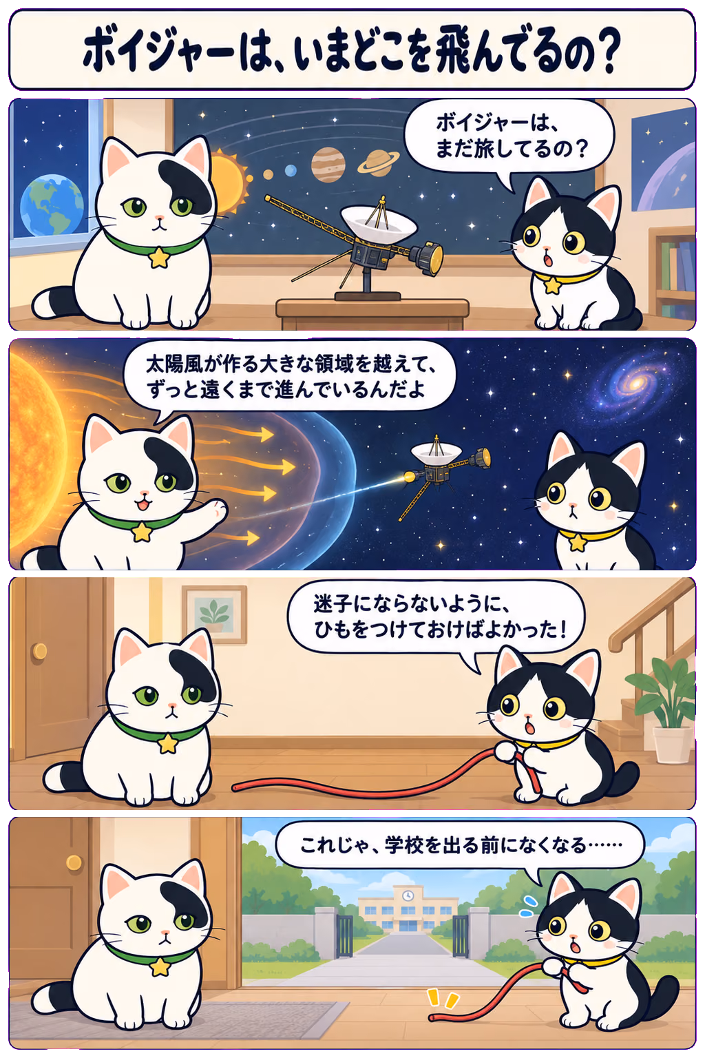 4コマ「ボイジャーは、いまどこを飛んでるの？」。1コマ目みい「ボイジャーは、まだ旅してるの？」、2コマ目ゆう「太陽風が作る大きな領域を越えて、ずっと遠くまで進んでいるんだよ」、3コマ目みい「迷子にならないように、ひもをつけておけばよかった！」、4コマ目みい「これじゃ、学校を出る前になくなる……」