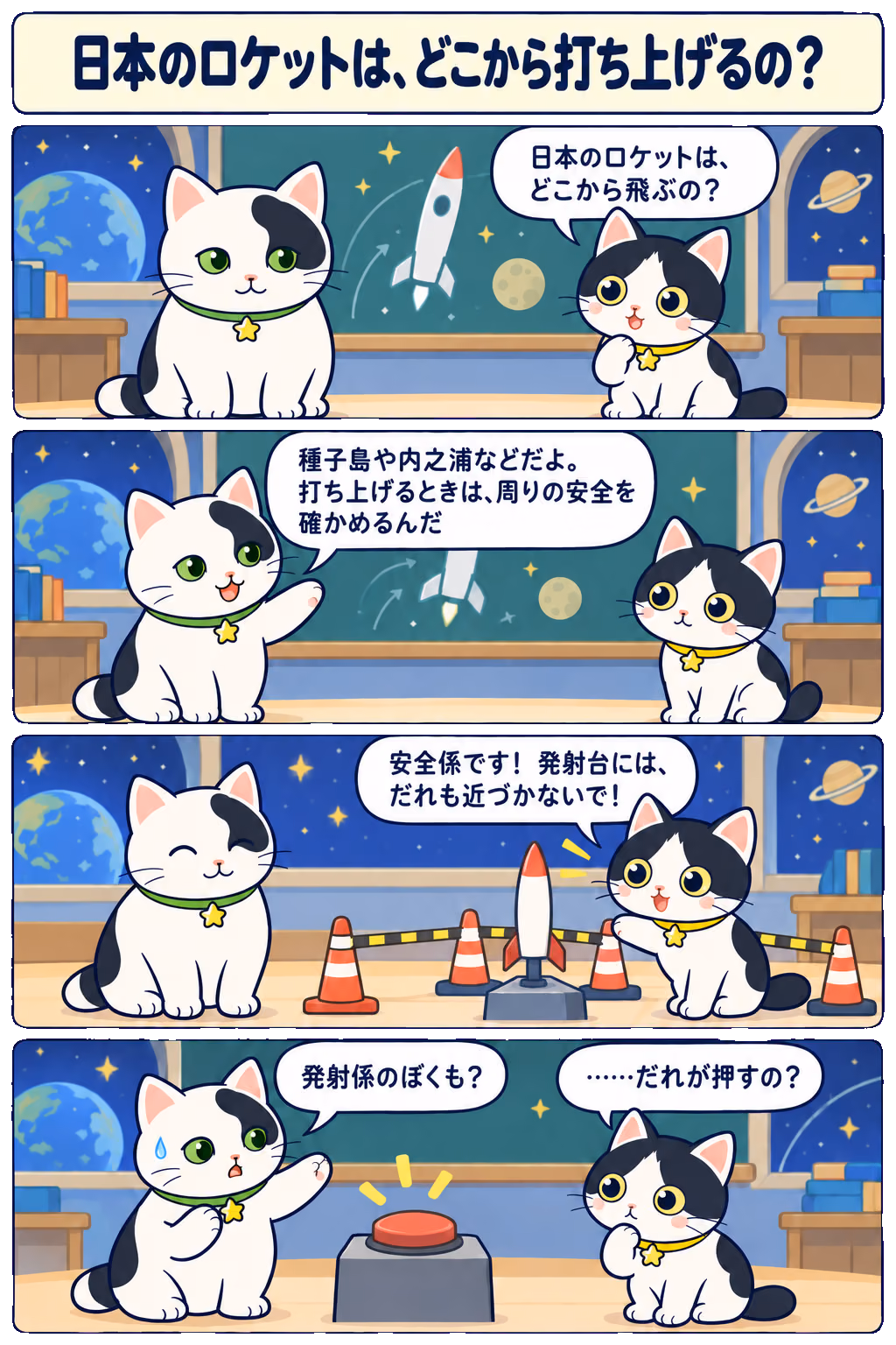 4コマ「日本のロケットは、どこから打ち上げるの？」。1コマ目みい「日本のロケットは、どこから飛ぶの？」、2コマ目ゆう「種子島や内之浦などだよ。打ち上げるときは、周りの安全を確かめるんだ」、3コマ目みい「安全係です！ 発射台には、だれも近づかないで！」、4コマ目ゆう「発射係のぼくも？」、みい「……だれが押すの？」