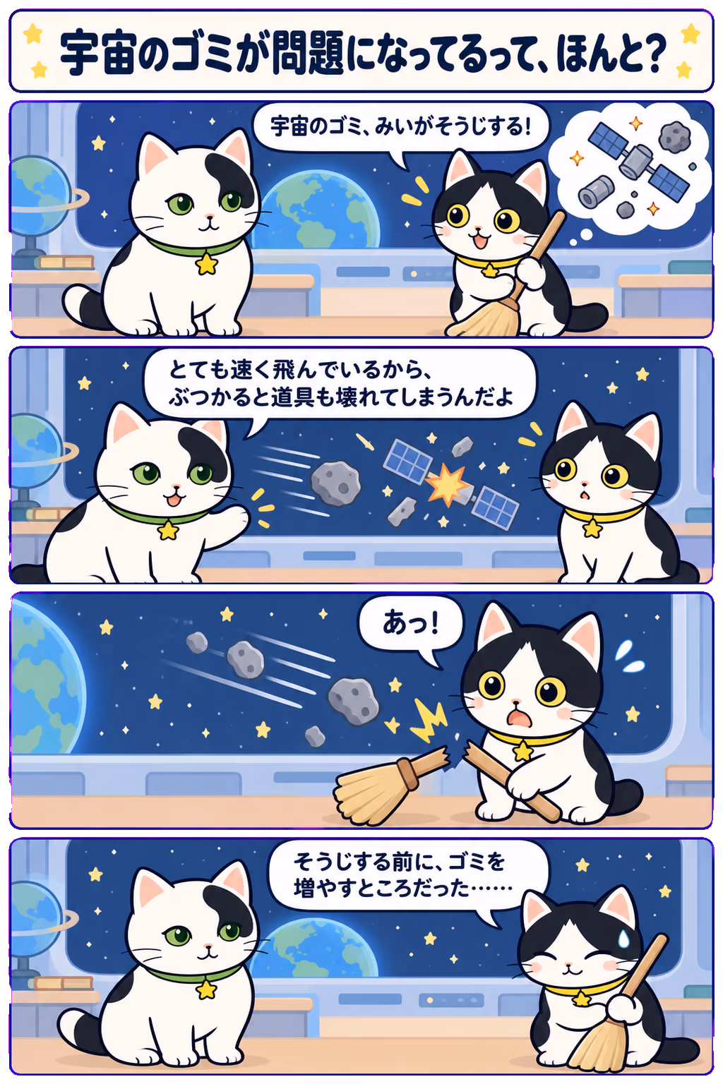 4コマ「宇宙のゴミが問題になってるって、ほんと？」。1コマ目みい「宇宙のゴミ、みいがそうじする！」、2コマ目ゆう「とても速く飛んでいるから、ぶつかると道具も壊れてしまうんだよ」、3コマ目みい「あっ！」、4コマ目みい「そうじする前に、ゴミを増やすところだった……」